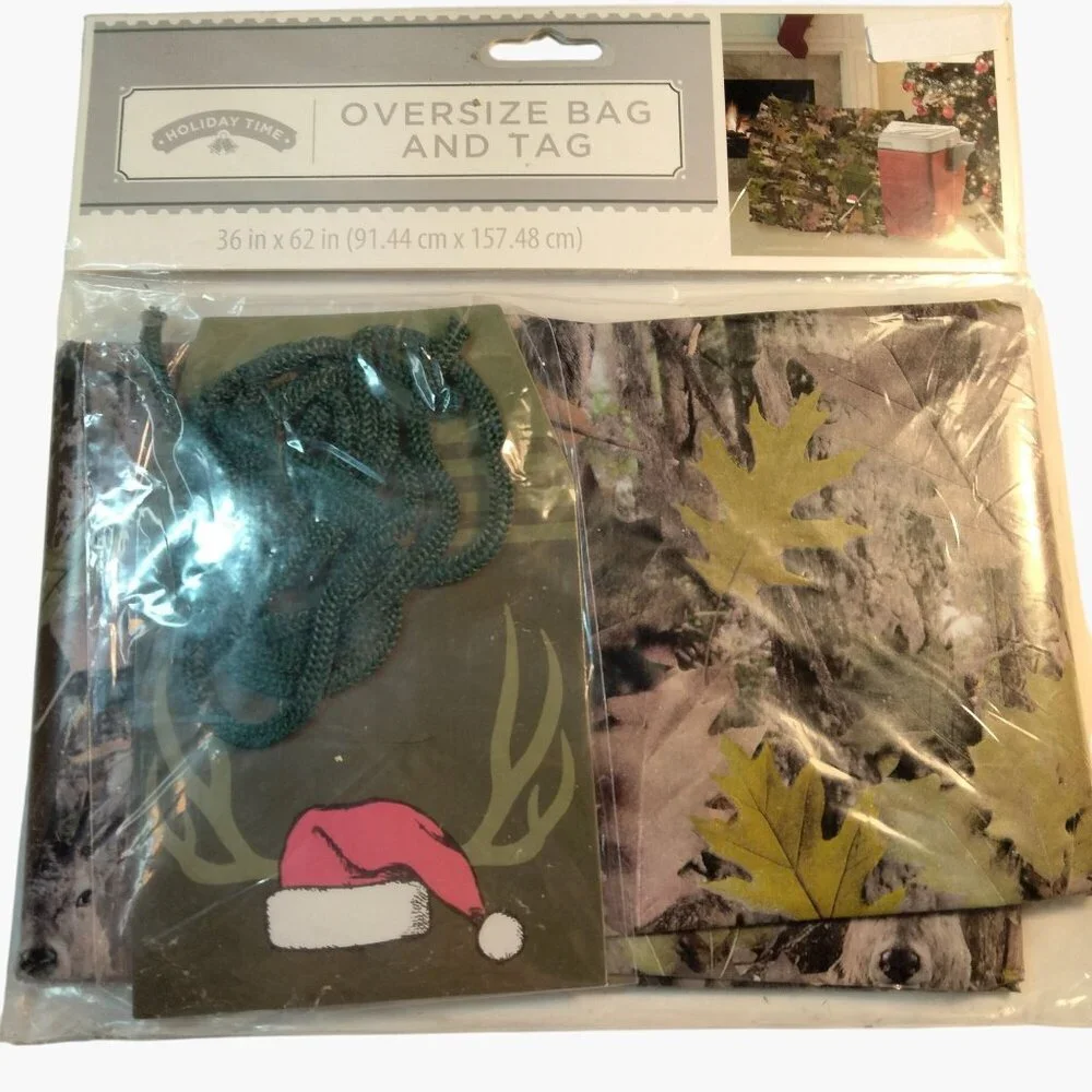 Camouflage Leaf Print Gift Bag Large Oversize Santa Hat  Tag  36X62 Hunter